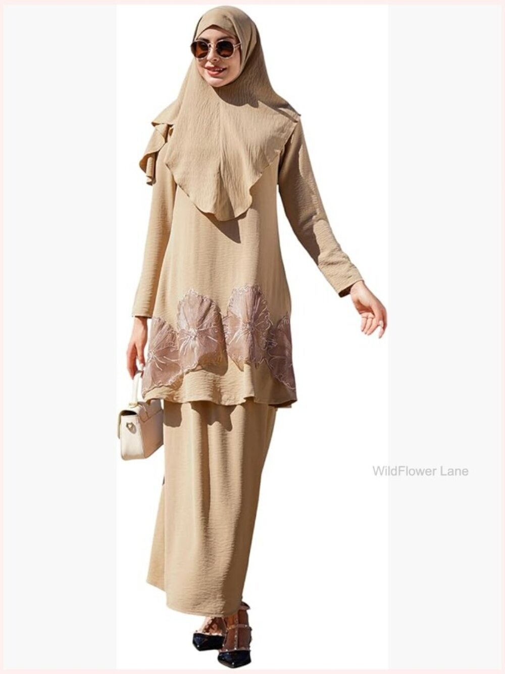 Women's Muslim Three-Piece Lace Top Abaya Ruffle Skirt Hijab Set